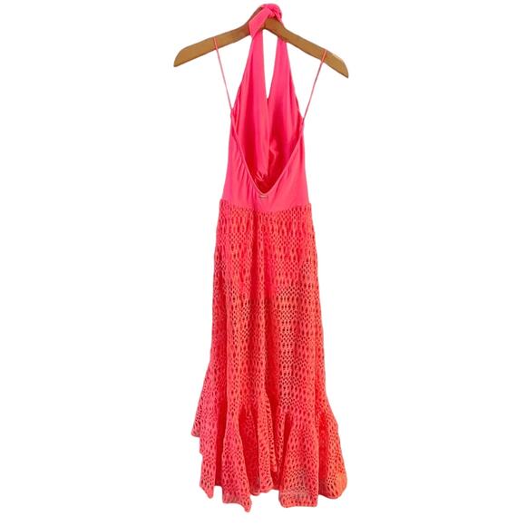 PATBO Crochet Beach Dress Halterneck  Neon Coral Resort Influencer Medium NWT - Picture 5 of 11